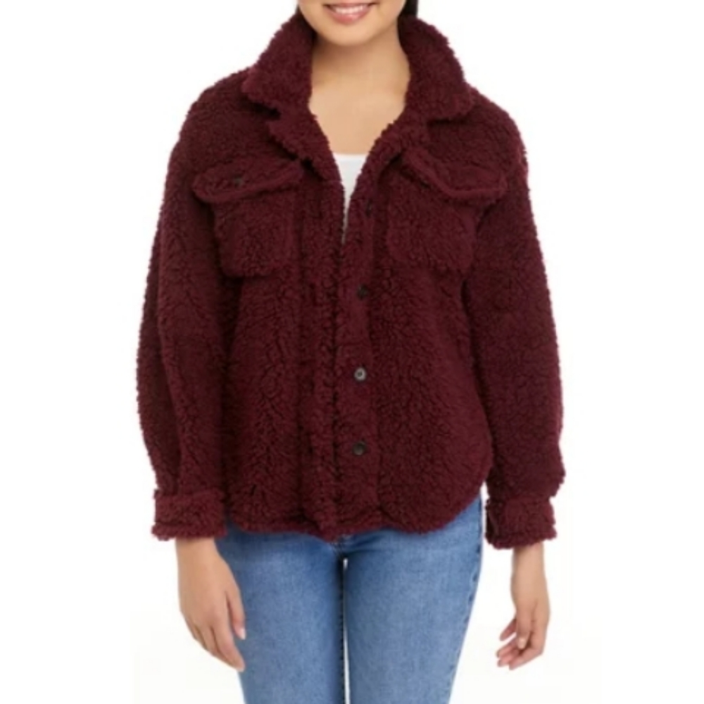 Almost Famous Long Sleeve Sherpa Shacket in Wineberry Maroon Small